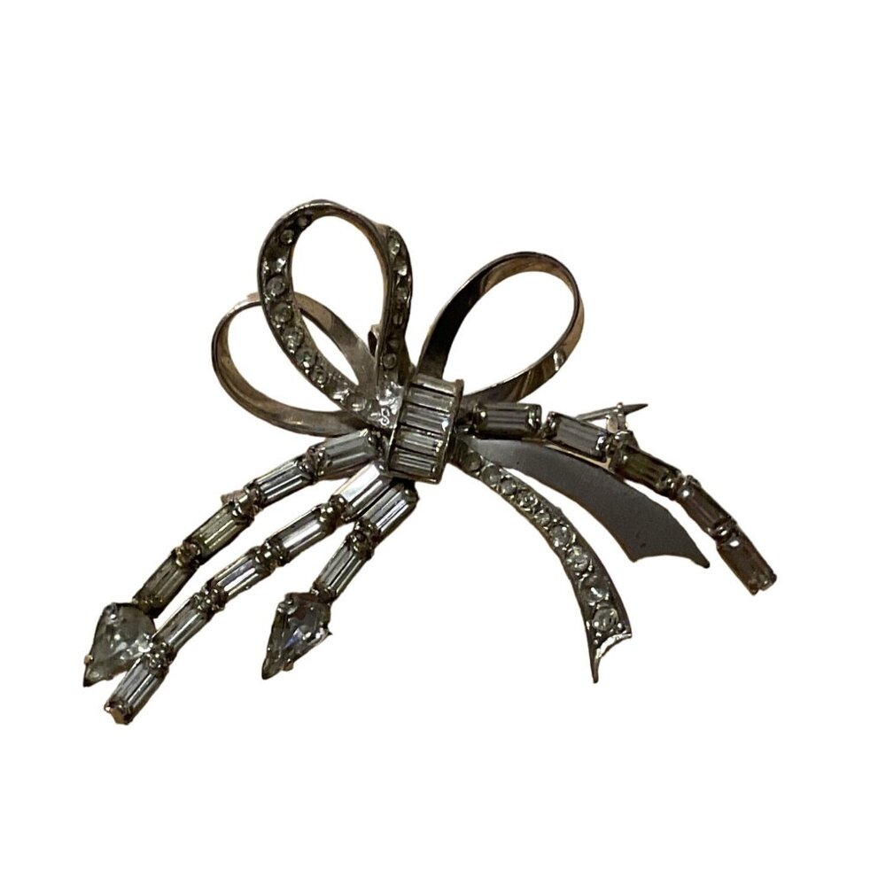 Vintage CR Co Signed 1/20 12K G.F. Charles Reis Clear Rhinestone Bow Brooch Pin